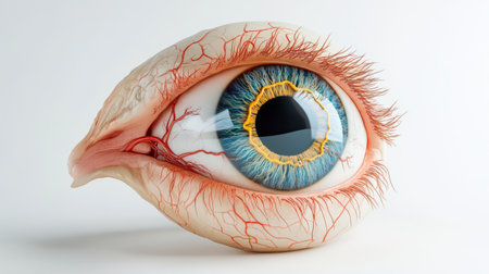 A detailed anatomical model of the human eye, illustrating the different parts such as the cornea, retina, and optic nerve, placed on a simple white background.の素材