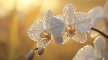 A delicate orchid with dew drops on its petals, captured in soft morning light, highlighting the elegance and freshness of the flower.の素材