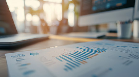 Detailed view of a financial graph showing a market forecast, with a focus on trend lines and predictive data in a modern office environment.の素材