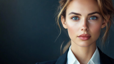 Detailed portrait of a businesswoman with clear skin and a professional expression, wearing business attire and exuding confidence and leadershipの素材