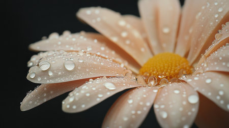 Detailed image of a flower with intricate water droplets on its petals, highlighting the textures and natural beauty of the flower in a serene setting.の素材