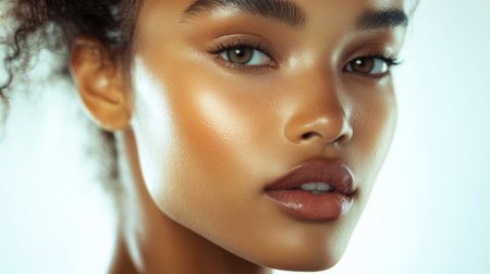 Detailed shot of a woman with a confident expression and clear skin, highlighting her striking facial features and sophisticated look.の素材