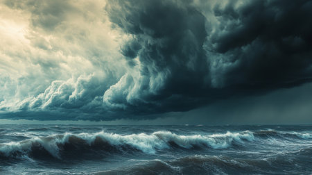 Detailed shot of storm clouds rolling in over a coastal area, with choppy waves and darkening skies, capturing the impending summer storm at sea.の素材