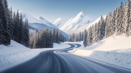 Scenic shot of a mountain road meandering through a snowy landscape, with pristine white snow covering the surrounding peaks and evergreen trees.の素材