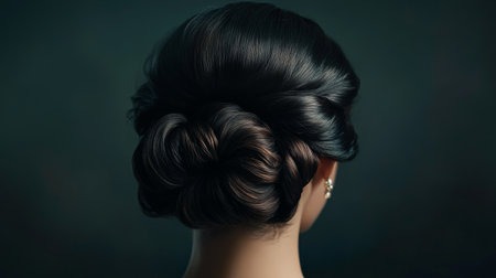 Detailed shot of a woman with an elegant updo hairstyle, showcasing the intricate arrangement of her hair and adding a touch of sophistication.の素材