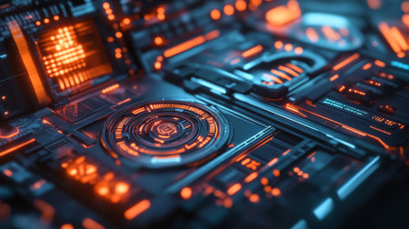 Detailed shot of a futuristic graphic with tech-inspired elements and a cool color palette, perfect for digital interfaces and technology-related content.の素材