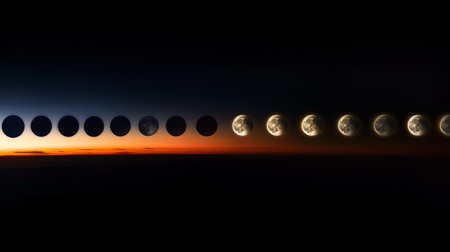 High-resolution shot of the solar eclipse in progress, showing the gradual alignment of the moon and sun, with the surrounding sky transitioning in color.の素材