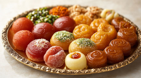 High-resolution image of traditional Indian sweets, such as gulab jamun and jalebi, arranged on a plate with detailed focus on their textures and colors.の素材