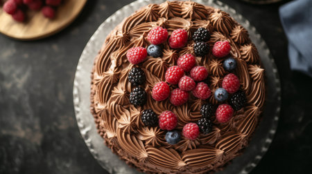 Top-down view of a beautifully decorated chocolate cake with intricate piping and fresh berries, showcasing its rich layers and elegant design.の素材
