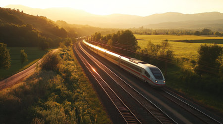 High-definition shot of an electric train passing through a scenic countryside, highlighting the contrast between the train and the natural landscape.の素材