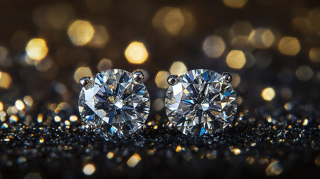 A close-up of elegant diamond stud earrings sparkling against a dark, plush background, showcasing their clarity and brilliance.の素材