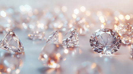 Multiple diamonds of various sizes scattered elegantly on a white background, with each gem catching and reflecting light in a dazzling display.の素材