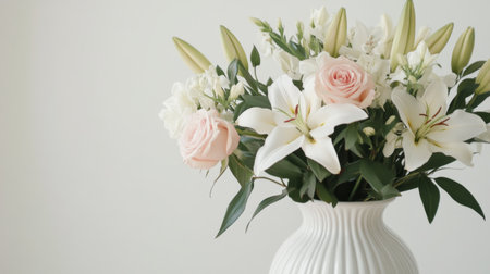 A close-up of a classic ceramic vase with a delicate floral arrangement, featuring roses and lilies, set against a white backdrop for a clean, elegant look.の素材