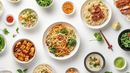 A creative flat lay of various noodle dishes, including pad Thai, ramen, and lo mein, arranged on a white background to showcase the variety and appeal of the dishes.の素材