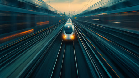High-resolution view of a high-speed train on a dedicated track, highlighting the specialized rail system and the train's impressive speed capabilities.の素材