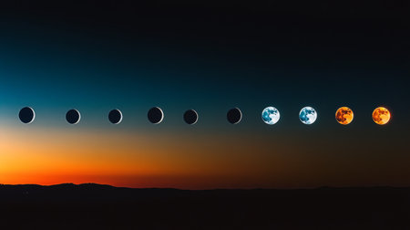 High-resolution shot of the solar eclipse in progress, showing the gradual alignment of the moon and sun, with the surrounding sky transitioning in color.の素材