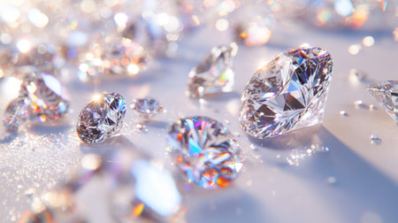 Multiple diamonds of various sizes scattered elegantly on a white background, with each gem catching and reflecting light in a dazzling display.の素材