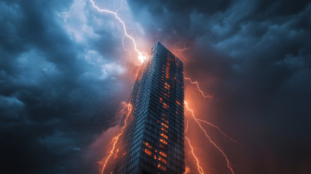 High-resolution view of lightning striking a tall building during a summer thunderstorm, with dramatic illumination and stormy clouds overheadの素材