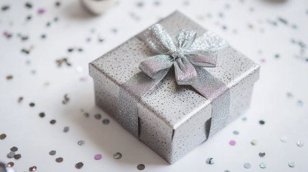 A close-up of a small, intricately wrapped gift box with a silver ribbon, surrounded by a few scattered confetti pieces on a white backgroundの素材