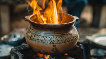 A close-up of a traditional Thai clay pot simmering over an open flame, capturing the rustic feel of outdoor cooking.の素材