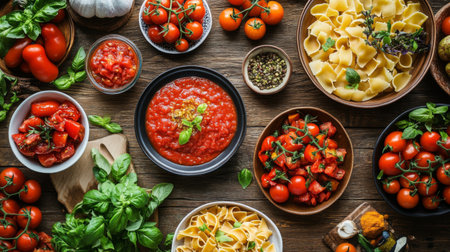 A creative flat lay of tomato-based dishes, such as salsa, pasta sauce, and a fresh tomato salad, arranged on a wooden table to showcase culinary uses.の素材
