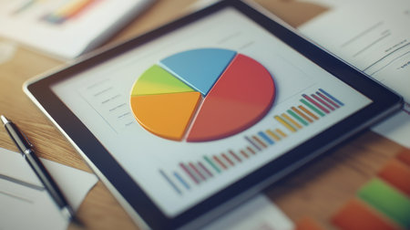 A close-up of a 3D pie chart on a tablet screen, illustrating budget allocation with vivid colors and depth. Surrounding the tablet are financial documents and a pen, suggesting analysis.の素材