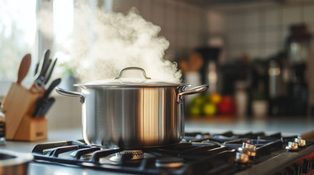 A close-up of a stainless steel pot boiling water on a modern stovetop, with steam rising, set against a clean kitchen backdrop.の素材