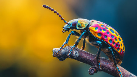 High-resolution close-up of a colorful beetle on a branch, highlighting its vivid patterns and glossy exoskeleton against a contrasting background.の素材
