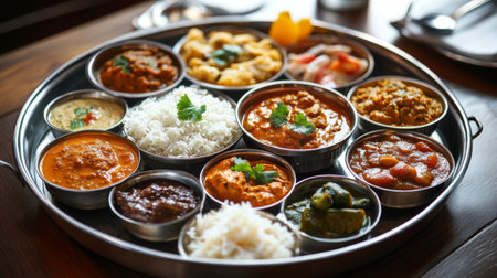 Detailed view of a traditional Indian thali, featuring a variety of small dishes including curries, rice, and pickles, arranged on a metal tray.の素材