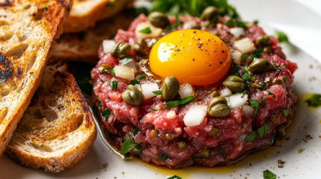 A close-up of a steak tartare dish, beautifully presented with capers, onions, and a raw egg yolk on top, served with toasted bread on a white background.の素材