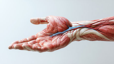 A close-up of a human hand with detailed veins and muscles visible, highlighting the complexity of the anatomy against a plain white backdrop.の素材