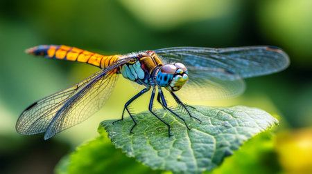 High-definition shot of a dragonfly resting on a leaf, with a focus on its intricate wing patterns and colorful body, set against a natural backdrop.の素材