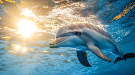 A close-up of a playful dolphin swimming near the surface, with the sun reflecting off the water and a clear, blue sky above.の素材