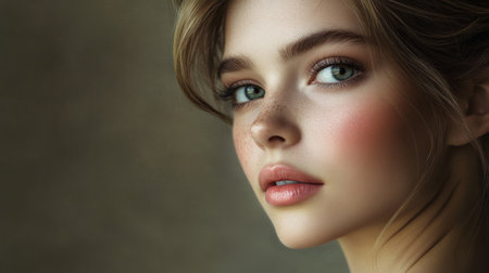 Portrait of a woman with an elegant hairstyle and makeup, showcasing her flawless complexion and well-defined facial features in a detailed close-up.の素材