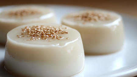 A close-up of Thai coconut milk custard (kanom maw kaeng) with a smooth, creamy texture and a sprinkle of sesame seeds, set on a white plate to highlight its details.の素材