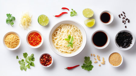 A creative flat lay of a bowl of noodles with a variety of condiments like soy sauce, chili paste, and lime wedges, arranged on a white background for a comprehensive view.の素材