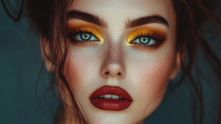A close-up of a woman with striking facial features and bold makeup, looking directly at the camera with a powerful and captivating gaze.の素材