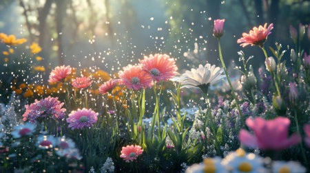A beautiful flower garden with various blossoms covered in dew drops, creating a sparkling effect across the entire scene in the early morning.の素材