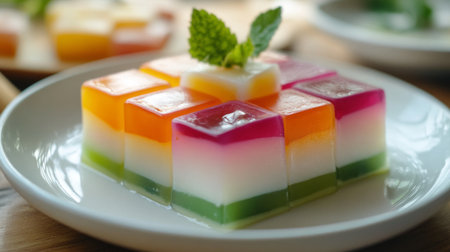 A delicate Thai dessert of coconut milk jelly cubes with colorful layers, artistically arranged on a white dish, showcasing the vibrant and translucent colors.の素材