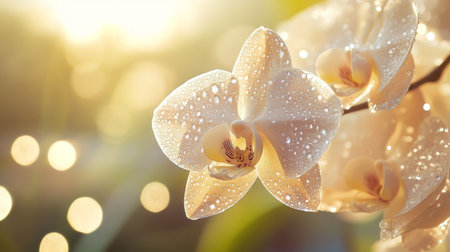 A delicate orchid with dew drops on its petals, captured in soft morning light, highlighting the elegance and freshness of the flower.の素材