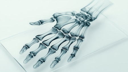 A close-up of an X-ray film showing a detailed image of a human hand with bones clearly visible, placed on a lightbox against a clean white background.の素材