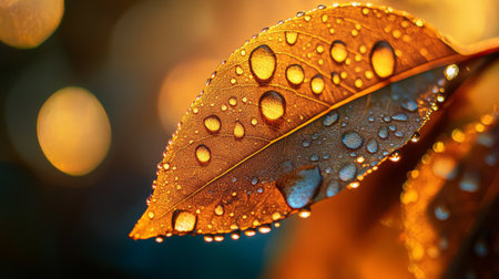 A close-up of a leaf with dew drops captured in soft morning light, with the droplets reflecting the surrounding environment and adding depth to the image.の素材