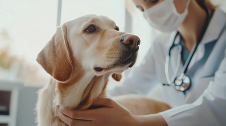 A close-up of a veterinarian examining a dog with a stethoscope in a modern clinic, focusing on the vet professional interaction with the pet.の素材