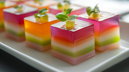 A delicate Thai dessert of coconut milk jelly cubes with colorful layers, artistically arranged on a white dish, showcasing the vibrant and translucent colors.の素材