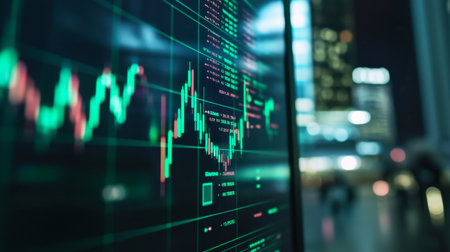 A close-up of a computer screen showing a live stock market graph with green and red candlesticks, illustrating market volatility and price movementsの素材