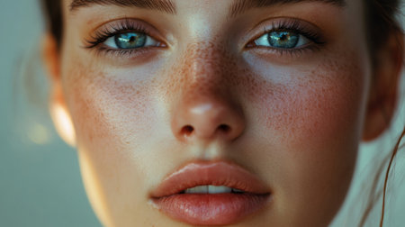 A close-up of a woman face with glowing, youthful skin, clear eyes, and full lips. Her soft expression radiates natural beauty and purity.の素材
