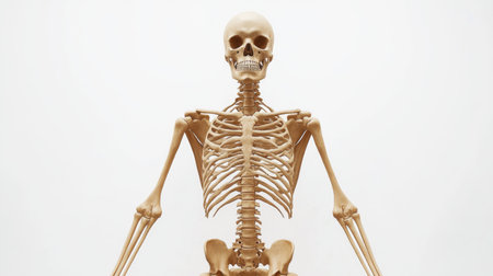 A detailed view of the human skeletal system, showing major bones and joints, presented against a white background to highlight the structure of the human body.の素材