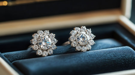 A detailed shot of diamond earrings set in an elegant jewelry box, with a focus on the intricate design and quality of the gemstones and setting.の素材