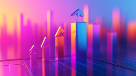 A dynamic 3D bar graph with arrows pointing upward, set against a gradient background, symbolizing data trends, economic growth, and financial success.の素材
