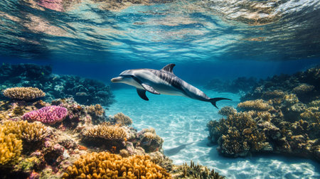 A dolphin swimming in a clear lagoon with vibrant coral and marine life visible below, showcasing the beauty of both the animal and its environment.の素材